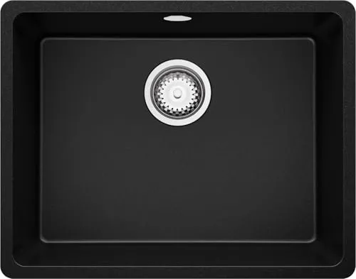 PRIMAGRAN Unterbauspüle Granit Schwarz 56x44cm, Spülbecken 1 Becken + Ablauf-Set, Granitspüle ab 60er Unterschrank - Venedig Easy S037