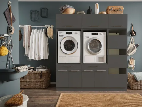 LAUNDREEZY Waschmaschinenschrank 2x mit 3x Aufsatz, Anthrazit - Podeste & Rahmen für Waschmaschinen – TÜV-zertifiziert, bietet viel Stauraum und eine praktische Softclose-Funktion für die Türen.