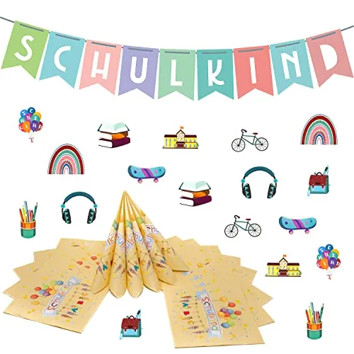 Oblique Unique Einschulung Deko Set für Jungen & Mädchen – Schulkind Girlande 1,8 m + 20 Servietten 33x33 cm + buntes Konfetti – Schuleinführung Party Deko zum Schulanfang