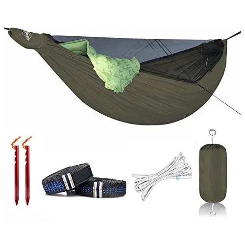 Onewind 3,4 m Reißverschluss-Hängematte mit Moskitonetz für Camping, tragbare doppellagige Norther-Hängematte mit verstellbarer Ridgeline für Camping, Wandern und Rucksackreisen, OD Green, Isomatte