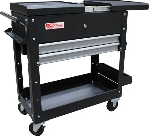 BGS technic Werkstattwagen mit 2 Schubladen - Werkstatteinrichtung mit großem Stauraum, kugelgelagerten Schubladen und lenkbaren Gummirädern für optimale Mobilität und Belastbarkeit bis zu 100 kg.