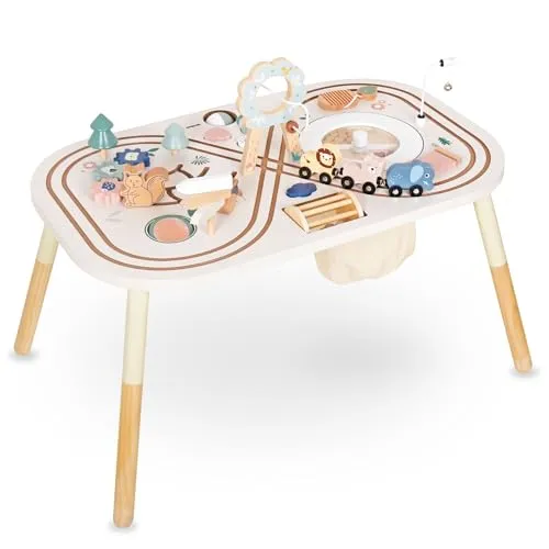 Mamabrum Motorik- und Lerntisch für Kinder - Beige Spielcenter mit hochwertigem Holzzubehör, ideal für die motorische Förderung und kreatives Spielen. Empfohlen für Kinder ab 3 Jahren, sicher unter Aufsicht.