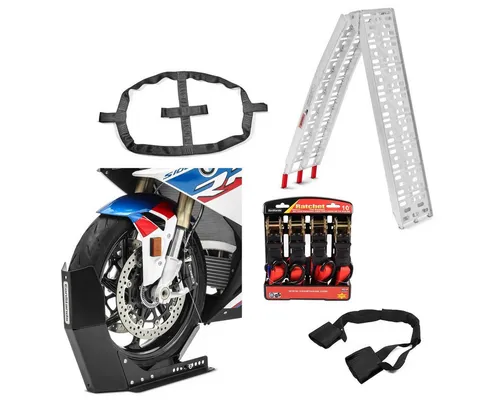 ConStands Motorradheber Set Easy Fix mit Auffahrrampe und Fixiergurten - Wagenheber Set für sicheres Abstellen und Transportieren von Motorrädern. Ideal für alle Radgrößen, inklusive stabiler Auffahrrampe mit 340 kg Tragkraft.