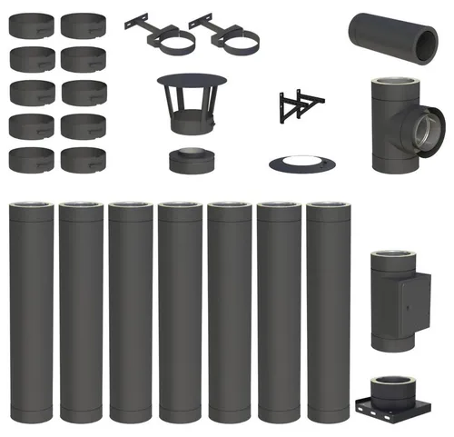 7,6 m Edelstahlschornstein Ø 130 mm Komplettset doppelwandig DW-Black - Praktisches 7,6 m Komplettset aus doppelwandigem Edelstahl für Wandmontage. Robuste Verarbeitung und einfache Montage garantieren Langlebigkeit und Sicherheit. Ideal für effiziente Abgasführung.
