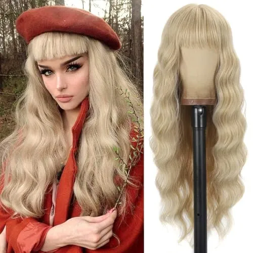 YEESHEDO Damen Perücke Lang Lockige Blond Perücken für Frauen mit Pony, Natürlich Lange Locken Haare Blonde Wig, Anime Cosplay Halloween Wigs 28 Zoll (Blond)
