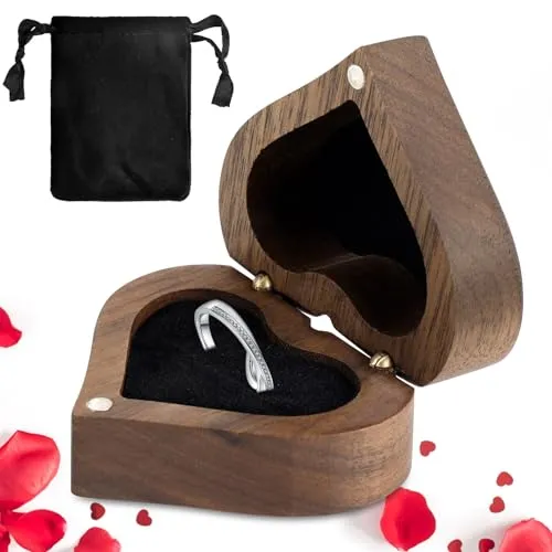 JABNOW Holz Ringbox für Hochzeit, Walnuss Herz Ringschatulle mit Softem Samt, Vintage Holz Ringkästchen für Verlobung Hochzeit Zeremonie Vorschlag Jubiläen Geschenk(6 * 5.5 * 3.3cm)