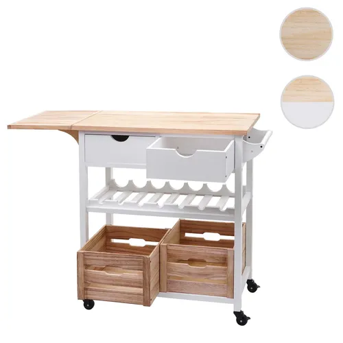 Servierwagen HWC-G35, Küchenwagen aus Kiefernholz - Küchenwagen mit klappbarem Ablagebrett, 4 Rollen für einfache Mobilität und 2 Schubladen für zusätzlichen Stauraum. Ideal als Servierwagen oder Beistellwagen.