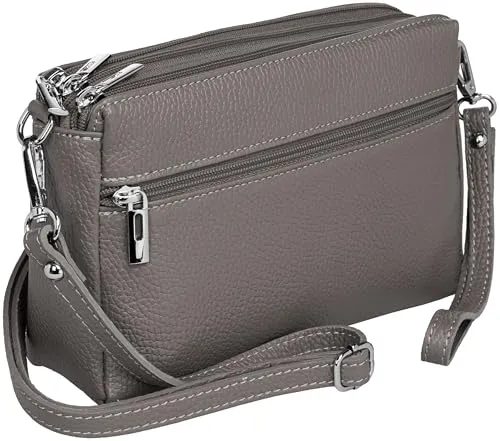 Caspar kleine Leder Umhängetasche Crossbody Bag elegante Damen Tasche mit 3 Fächern - CLASSIC LINE - Modell No.815 - Made in Italy, Farbe:taupe