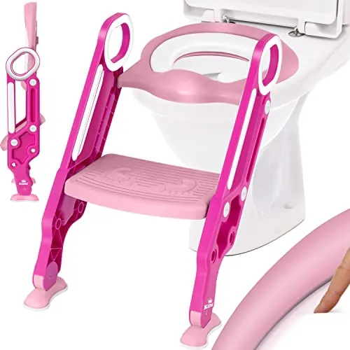 KIDIZ WC-Sitz, Kinder Toilettensitz mit Treppe und Griffen, pink - Toilettendeckel, ergonomischer Toilettentrainer mit praktischer Treppe und sicheren Griffen für selbstständiges Toilettentraining bei Kindern.