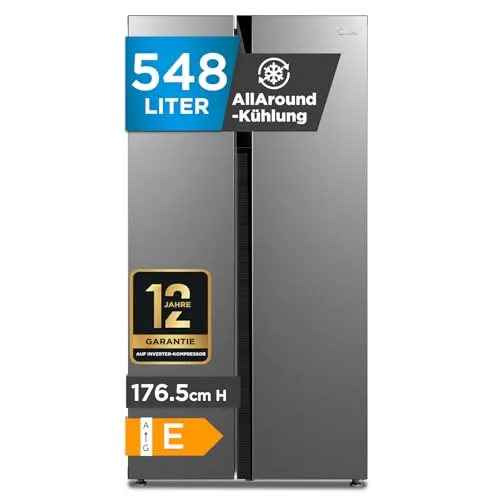 Midea Side-by-Side Kühl-Gefrierkombination 548 L | No Frost, Inverter Kompressor, leise 35 dB | Multi-Air-Flow, Twin Control & SuperCool | 176,5 cm hoch | Inox, MERS530FGE02