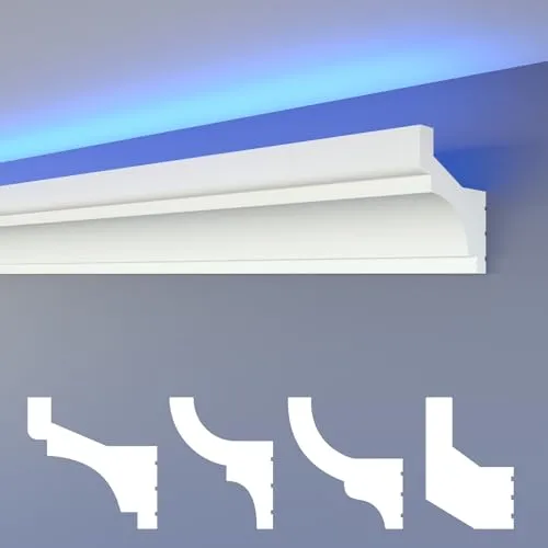 HEXIMO LED Stuckleisten klassisch, XPS Styropor indirekte Beleuchtung Wand & Decke Stuckleisten für Wand-Deckenverkleidung (1,7 Meter HLED 3)