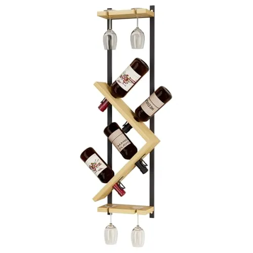 Yorbay Wand Holz Weinregal mit Glashalter - Platzsparendes Wandregal für 4 Flaschen und 4 Gläser. Das elegante Design mit stabilem Metallrahmen und Holzoptik eignet sich ideal für Küche oder Bar und nutzt auch kleine Räume optimal.