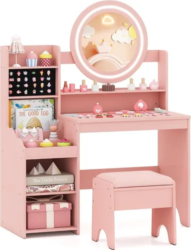 Kinderschminktisch Rosa mit Spiegel, Lampe und Hocker