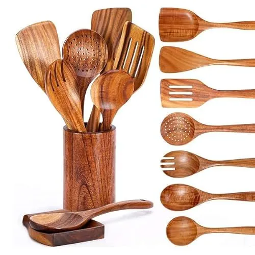 Tagtight 9 PCS -Kochutensilien Set, Kochlöffel Pfannenwender Spachtel, Holzlöffel zum Kochen, Schaumlöffel Schöpfkelle Nudelheber Sieb Suppenschöpflöffel, Küchenhelfer - Holzgeschirr