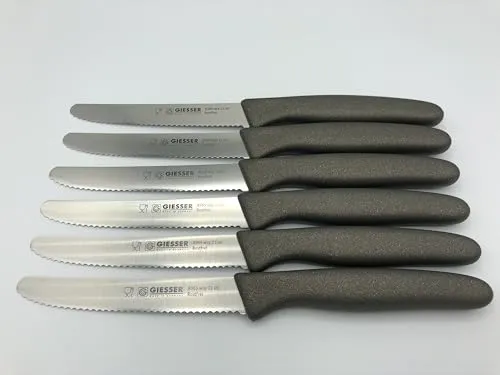 Giesser Messer - Made in Germany - 6er Set Brötchenmesser Tomatenmesser Küchenmesser Allzweckmesser Universalmesser Gemüsemesser 3mm Wellenschliff Klingenlänge 11cm Braun - unknown brown