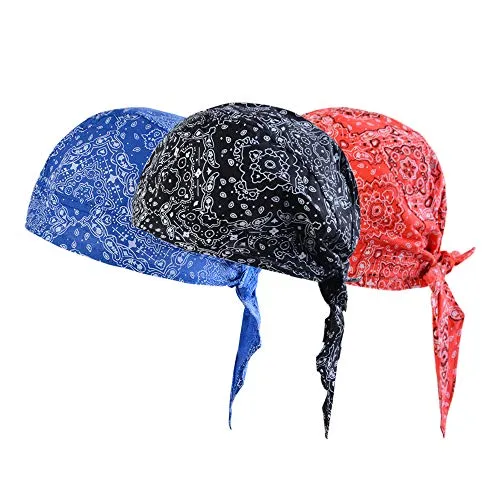 Vertvie 3 Stück Kopftuch Atmungsaktiv Sports Bandana Cap Bikertuch Bandanas Hat Radfahren Mütze Herren Damen (One Size, Blau + Schwarz + Rotdruck)
