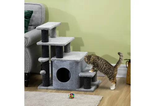 PawHut Haustiertreppe 3/4-stufig höhenverstellbar - Tiertreppen für Katzen bis 5 kg, mit integrierter Schlafhöhle für zusätzlichen Komfort und Sicherheit.