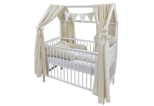 Baby-Delux Komplettbett Hausbett Babybett Komplettset Waffelpique Musselin, 12-tlg., Kinderbett 60x120 cm weiß, Bettset verschiedene Designs