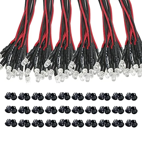 KeeYees 60Pcs 3mm Leds mit 20cm Kabel DC 12V Led Fertig Verkabelt - Weiß Warm Weiß Rot Blau Grün Gelb (10Pcs X 6 Farben) + 60Pcs 3mm Plastik LED Montageringe