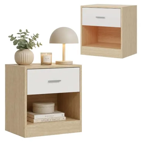 Relaxdays Nachttisch 2er Set mit Schublade, 41x39x28cm, natur-weiß