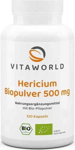 Vitaworld Hericium Biopulver 500 mg | 120 Kapseln | 500 mg Pulver pro Kapsel | Igelstachelbart | vegan