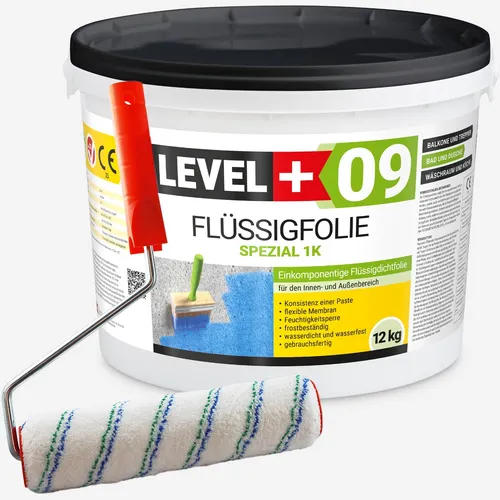 Flüssigfolie Dichtfolie 12kg für Dusche, Bad & Balkon - Dichtmaterialien mit wasserabweisenden und schimmelresistenten Eigenschaften, ideal für Badezimmer und Balkon. Inklusive Farbroller für eine einfache Anwendung.