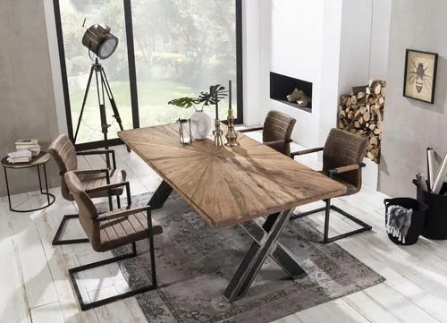 SIT Esstisch Romanteaka - Shabby Chic mit einzigartiger Tischplatte - Esstische aus recyceltem Teakholz, mit sonnenförmig gemusterter Tischplatte und Metallgestell im Used-Look. Ideal für stilvolle Esszimmer und Wohnräume.