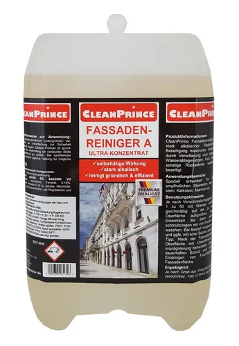 CleanPrince Fassadenreiniger A - 5 Liter Kanister - Moosbekämpfung mit selbsttätiger Wirkung, stark alkalisch und für alle säureempfindlichen Steinarten geeignet. Ergiebig: bis zu 100 m² pro Liter Konzentrat.