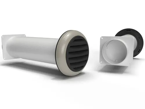Teleskop-Mauerkasten optimAiro Ø 125mm - Dunstabzugshaube mit ausziehbarem Teleskop-Mauerkasten (350-680mm) und magnetischer Rückstauklappe für effiziente Abluft in der Küche.