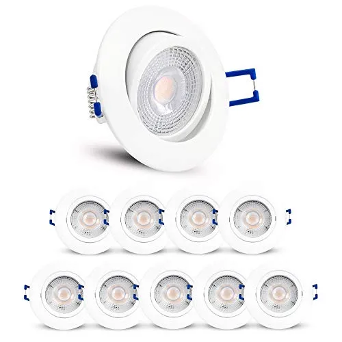 linovum 10 Stück ATESA LED Einbauleuchte weiß schwenkbar - Deckenspots im 10er Set mit schwenkbarem 5W LED Modul, ideal für niedrige Decken mit nur 35 mm Einbautiefe. Genießen Sie warmweißes Licht und einfache Montage.