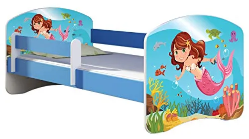ACMA Kinderbett 160x80 cm Blau mit Matratze & Lattenrost – Jugendbett mit Rausfallschutz, personalisiertes Motiv 09 Meerjungfrau, stabiles Kinderbett für Kinderzimmer, belastbar bis 120 kg