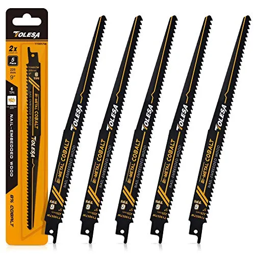 TOLESA Bi-Metall M42 Säbelsägeblätter Holz Demolition und Holz Mit Nägeln Abbruch 225mm 6TPI Sägeblatter Säbelsäge mit Cobalt Scharfe für Fenster Abbruch, Spanplatten, Verbundwerkstoffen, Kunststoffen