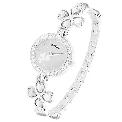 Taffstyle Damen-Armbanduhr Analog Quarz mit Metall-Armband Strass Kristall Herzen Kleeblatt Uhr Silber Weiß