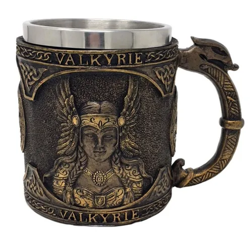 MystiCalls Bierkrug Valkyrie - Götterkrug für Wikinger-Fans - Rotweingläser - Handbemalter Bierkrug mit herausnehmbarem Metalleinsatz, ideal für Sammler und Wikinger-Liebhaber, Höhe 11 cm, Fassungsvermögen 400 ml.
