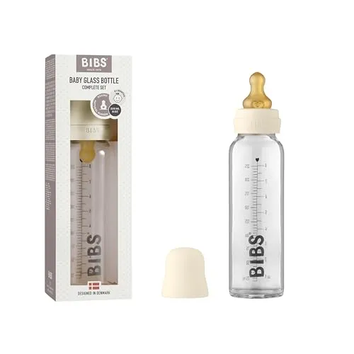 BIBS Baby Glass Bottle 225ml, Vermindert Koliken, Runder Sauger aus Naturkautschuklatex, Unterstützt das Stillen. Complete Set - 225 ml, Ivory