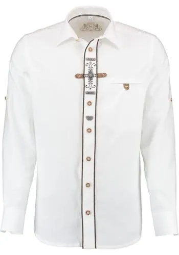 OS Trachten Herren Hemd Langarm Phegin, Größe 47/48, weiß - Elegantes Slim Fit Trachtenhemd mit Krempelärmeln und Paspeltasche. Ideal für festliche Anlässe und stilvolle Freizeitoutfits.