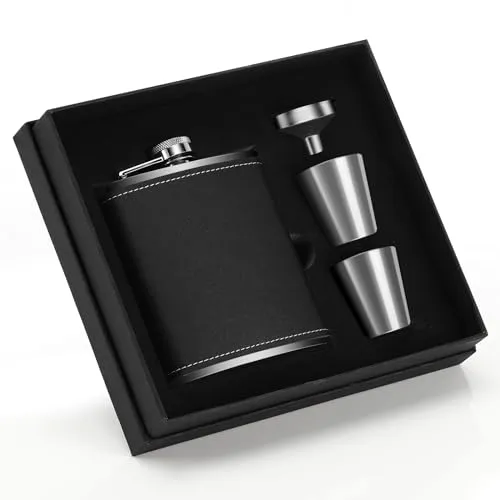 Kasanni Flachmann Edelstahl 8oz/230 Ml Tragbar Mini Flachmann, Mit Zwei Kleinen WeingläSern Und Trichter, Schwarzes Leder Flachmann Klein Stilvoll Zum Wandern