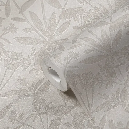 Vliestapete florale Blumen und Blätter – Grau, Beige