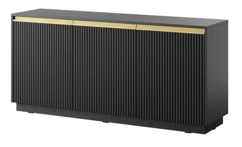 Emporius Sideboard 150 cm Baron - Modern, Kommode mit 3 Türen - Kommode mit Gold Accessoires und geriffelten Fronten - Schwarz