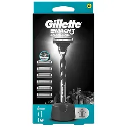 Gillette Mach3 Charcoal Rasierer mit Ständer + 6 Ersatzklingen