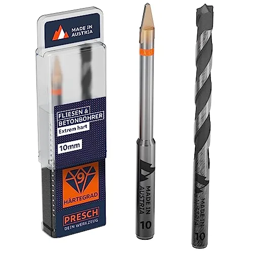 Presch Fliesenbohrer und Betonbohrer Set ⌀ 10mm | Feinsteinzeug Bohrer für Keramik, harte Fliesen, Porzellan und Glas | Profi Porzellanbohrer, Keramikbohrer inkl. passendem Betonbohrer und Box