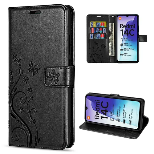 Hülle Xiaomi Redmi 14C Handy Tasche Handyhülle Wallet Case Flip Cover Schwarz