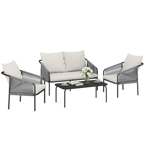 Gartenmöbel Set 4-teilig Polyrattan Lounge-Set mit Zweisitzer - Elegantes 4-teiliges Gartenmöbel Set aus wetterbeständigem Polyrattan. Ideal für entspannte Stunden im Freien. Inklusive bequemer Kissen für zusätzlichen Komfort.