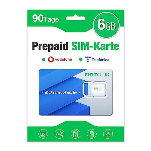 EIOTCLUB Prepaid SIM Karte ohne Vertrag, Kompatibel mit Vodafone & Telefónica Netz, 6GB for 90 Tage, nur Daten, für LTE Überwachungskamera & Wildkamera & GPS-Tracker