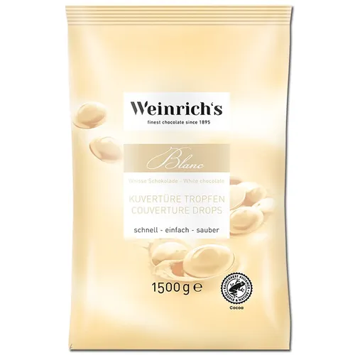 Weiße Schokolade Kuvertüre Tropfen Chips 1,5 kg von Weinrichs - Hochwertige weiße Schokolade Kuvertüre, perfekt zum Backen und Dekorieren, ideal für kreative Süßspeisen und Desserts.