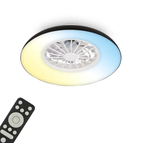 Briloner Deckenventilator mit Licht und Fernbedienung, Ø48,5 cm, Schwarz - Kombinierte Deckenleuchte und Ventilator in einem eleganten Design. Mit stufenlos dimmbarer LED-Beleuchtung und modernem DC-Motor für leisen Betrieb. Ideal für jede Jahreszeit und vielseitig einsetzbar in Wohnräumen.