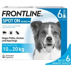 FRONTLINE Spot ON Hund M gegen Zecken, Flöhe & Haarlinge (10 bis 20 kg) - 6X Pipetten für bis zu 6 Monate Schutz - Zeckenmittel & Flohmittel für Haustiere, wirkt schnell und zuverlässig – Flöhe innerhalb von 24 Stunden, Zecken innerhalb von 48 Stunden abgetötet. Wasserfest und empfohlen von Apothekern & Tierärzten.
