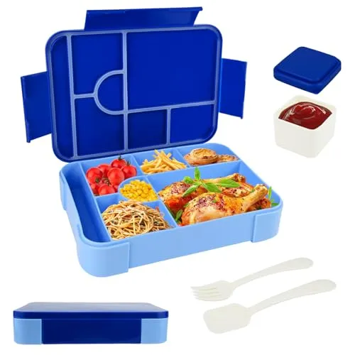 lompyeu 1330ML Brotdose Kinder mit Fächern, BPA Frei Bento Box Kinder (Löffel & Gabel), Wiederverwendbare Lunchbox für Schule & Picknick, Mikrowellengeeignet Jausenbox (Blau)