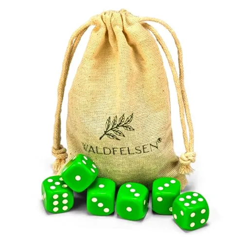 Waldfelsen 6, 12, 20, 30 oder 50 hochqualitative Würfel Standardgröße 16 mm Acrylwürfel Knobel Spielwürfel Dice 6-seitig sechsseitig Spielzubehör Set mit Stoffbeutel (Grasgrün, 6 Stück)