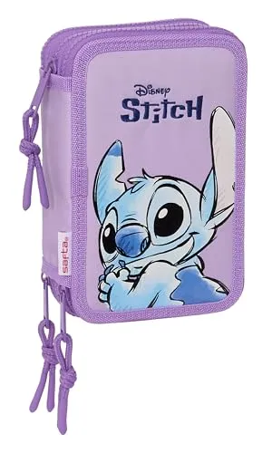 Stitch Sweet Schulmäppchen mit 36 Utensilien, Federmäppchen für Kinder, ideal für Kinder von 5 bis 14 Jahren, bequem und vielseitig, Qualität und Widerstandsfähigkeit, 12,5 x 5,5 x 19,5 cm, Blau/Lila,